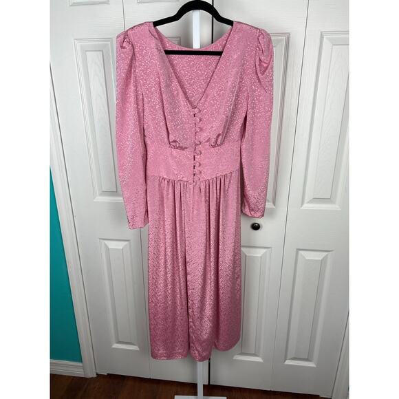 80s Cocktail Wedding Dress 0/XXS Pink Shiny Floral Satin Brocade Pleated buttons - Picture 7 of 8